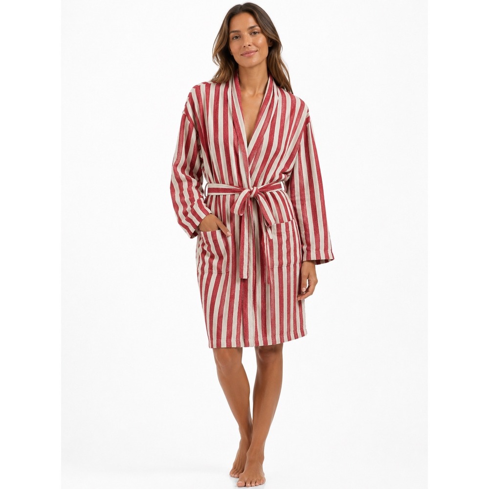 Anatoli Co Red Cream Striped Cotton Linen Robe Small Made in Turkey Loungewear